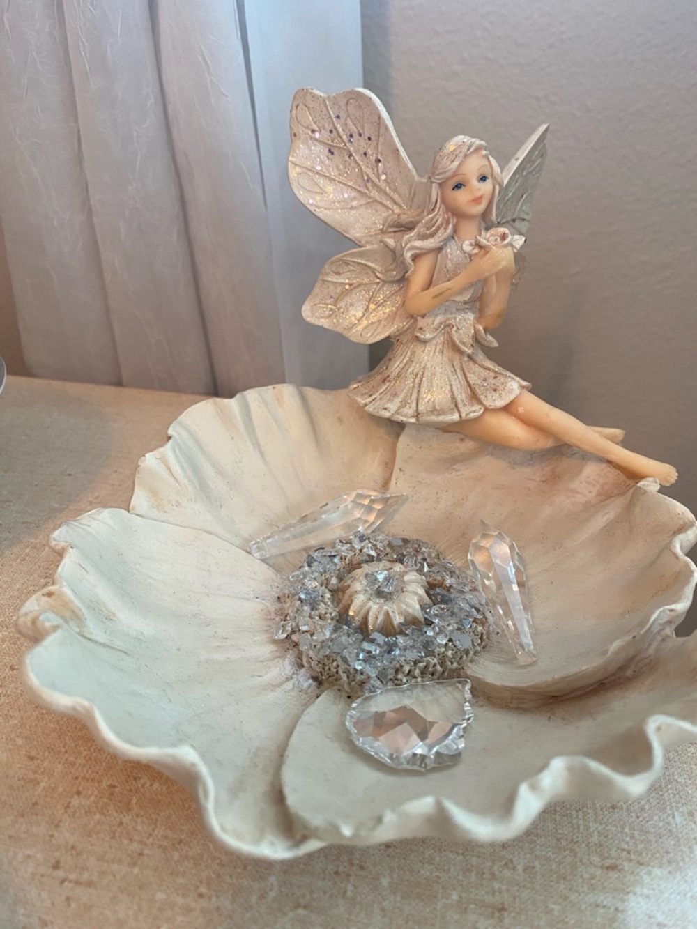 Fairy Trinket Jewelry Dish with silver sparkles and golden sparkled fairy